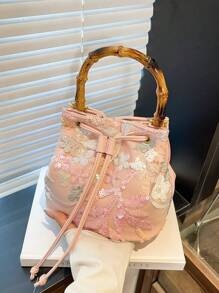 High-End Sequin Bamboo Bucket Bag New Niche Women's Bag Summer Popular Embroidery Straw Woven Crossbody Bag