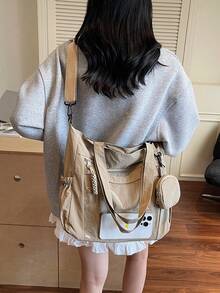 1 件卡其色尼龙女士手提包，简约轻便大容量可折叠单肩包，学院/学校风格，多个口袋，可爱时尚，含零钱包 - 查看 5