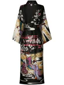 DandyChic Women's Long Floral Satin Robes Imitation Silk Sleepwear Bridal Dressing Gown For Bridesmaid Nightgownhalloween - 櫻花黑 - 查看 6