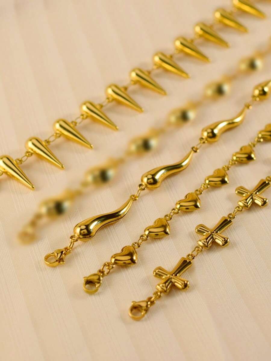 MECYLIFE 1 件朋克嘻哈风格辣椒与十字架铆钉不锈钢 18K 金链式手链女士款 - 金黃色 - 查看 1