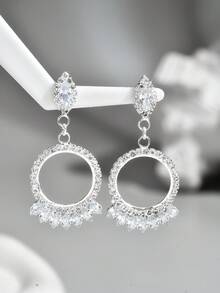 1 Par de Pendientes Colgantes de Círculo Hueco con Rhinestone de Estilo Geométrico Exagerado Europeo y Americano, Adecuados para Eventos Formales
