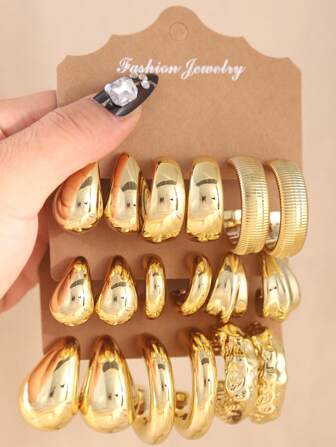 3-9 Pairs New ABS Resin & CCB Golden Exaggerated C-Shaped Water Drop Personalized Fashion Earrings Set