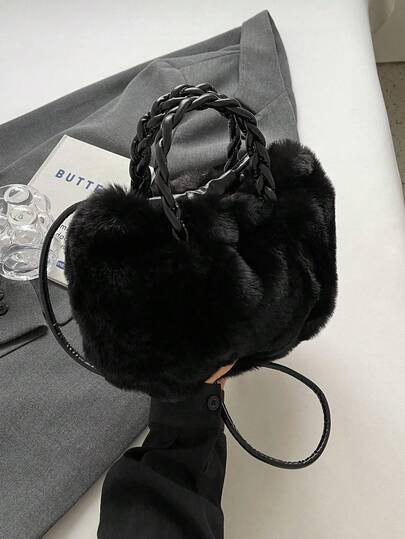 New 2025 Women's Fashion Shoulder Bag, Small Niche Design Crossbody Bag, Casual & Versatile Minimalist Stylish Handbag With Soft Fuzzy Material, Solid Color Design, Snap Closure, Comfortable Long Strap, Roomy Space, Bucket/Cloud-Shaped Design For Autumn/Winter