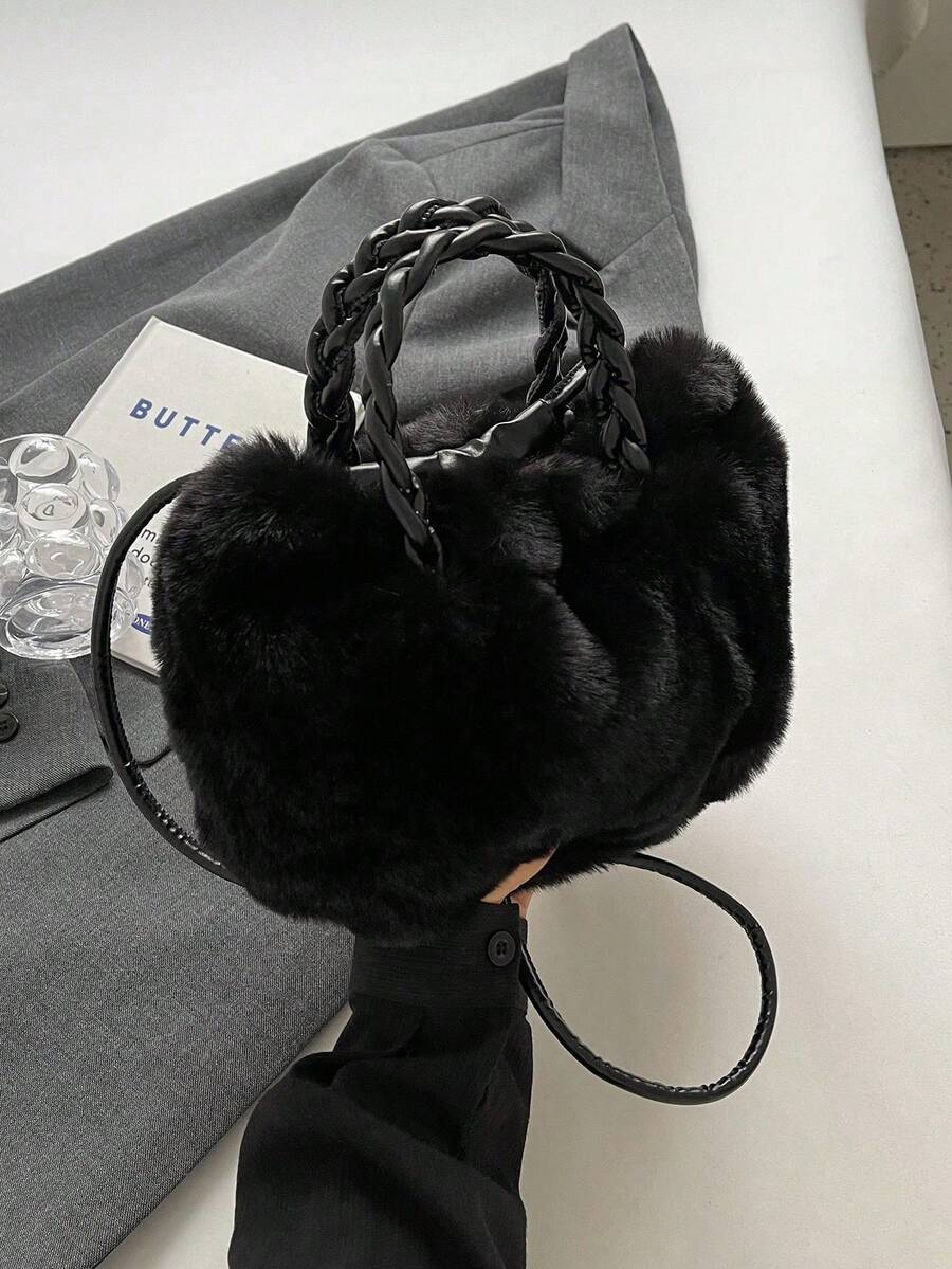 New 2025 Women's Fashion Shoulder Bag, Small Niche Design Crossbody Bag, Casual & Versatile Minimalist Stylish Handbag With Soft Fuzzy Material, Solid Color Design, Snap Closure, Comfortable Long Strap, Roomy Space, Bucket/Cloud-Shaped Design For Autumn/Winter - Black - View 1