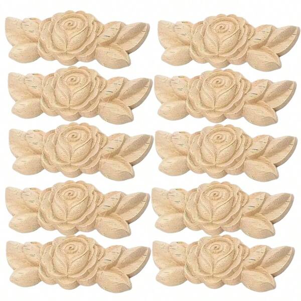 10 pièces Petit décor de sculpture sur bois en bois massif style rose. Petit décor de décoration pour la maison, embryon blanc finement sculpté, mini décor en bois