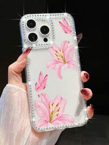 1 pieza Funda de teléfono de silicona suave transparente con estilo Ins con rhinestones, con patrón rosa Lily y mariposa, cubierta protectora brillante de pantalla completa compatible con I Max 11/12/13/1416 Pro Max/X/XXS/ XR/16E, adecuado para mujeres