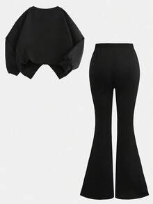 2pcs/Set Cherry Print Crew Neck Sweatshirt And High Waist Flare Pants, Casual Minimalist Design, Suitable For Children And Teenagers, Autumn/Winter - Black - View 4