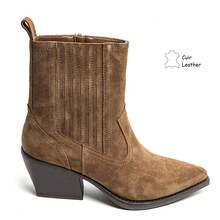 Pointed Toe Ankle Boots In Genuine Suede Leather, Featuring A Cuban Heel And A Structured Design For A Bold And Elegant Style. - Camel - View 3