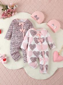 Bhchntiy 4pcs/Set Baby Girl Floral Print & Solid Color Jumpsuit With Matching Bow Headband, Casual Set, Autumn - Dusty Pink - View 2