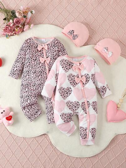 Bhchntiy 4pcs/Set Baby Girl Floral Print & Solid Color Jumpsuit With Matching Bow Headband, Casual Set, Autumn