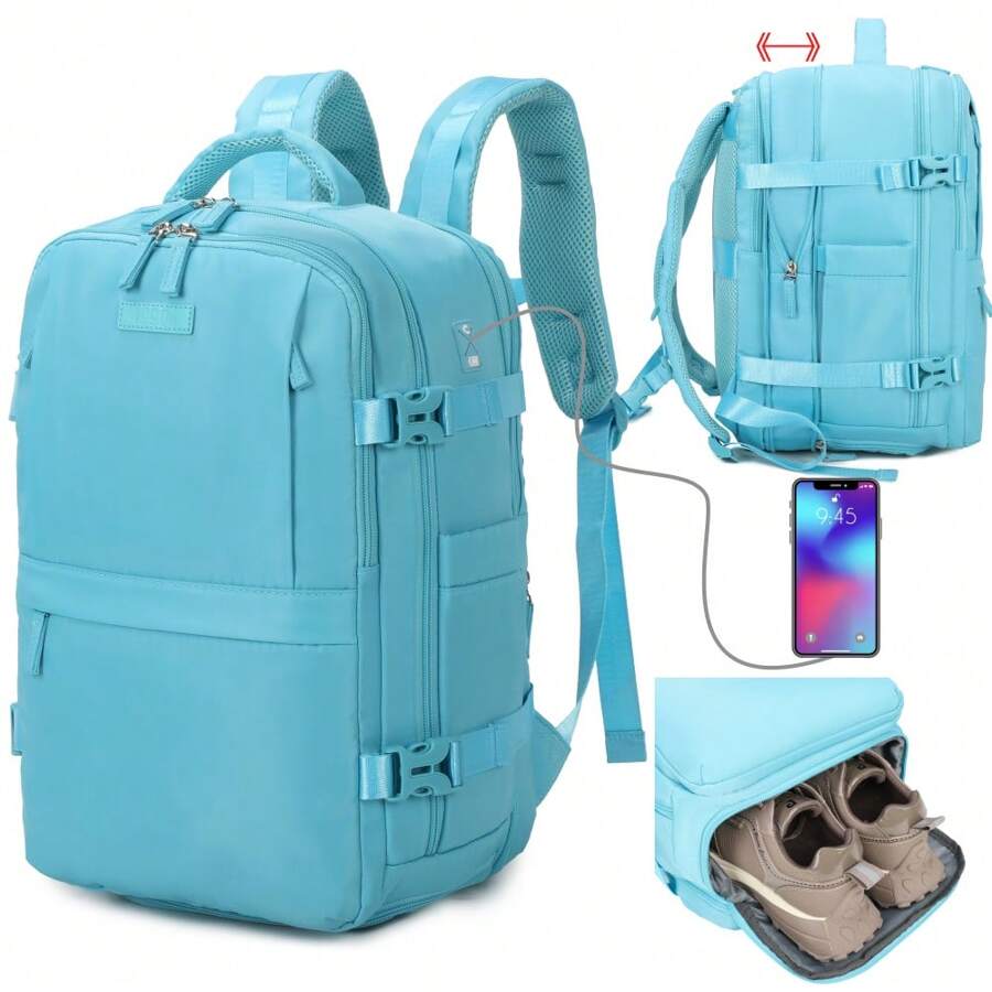Ryanair Expandable Cabin Backpack (40x25x20-25cm - 20L-25L) - With Shoe Bag - Multifunctional - Expandable Waterproof Casual Daypack Fits 15" Laptop - Army Green/Blue/Purple/Black/Pink/Khaki/Beige