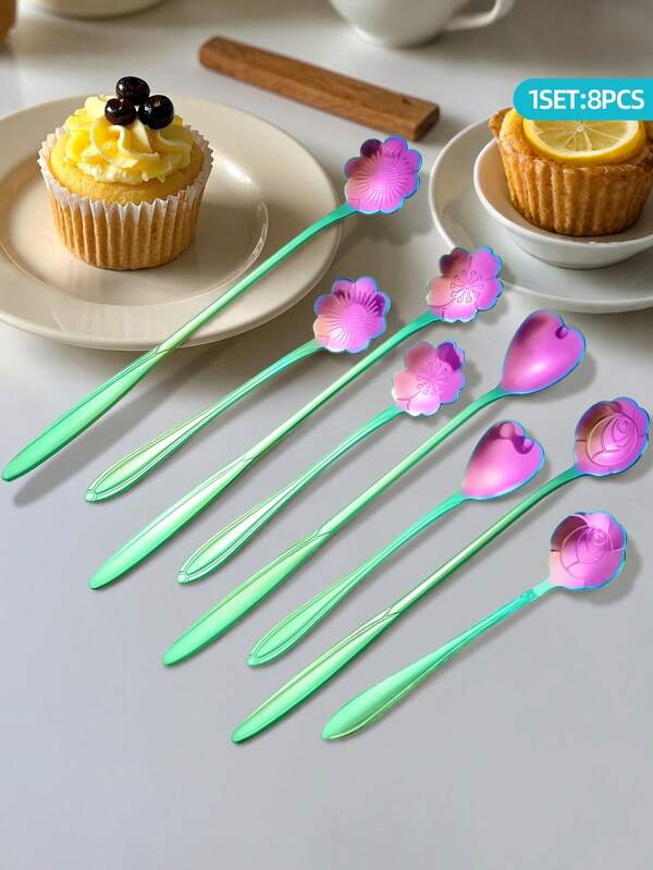 4/8-Piece Stainless Steel Creative Cutlery Set, Rose/Sakura/Chrysanthemum/Heart-Shaped Spoon, Dessert Spoon, Ice Cream Spoon, Coffee Spoon, Cake Spoon, Suitable For Restaurants, Hotels, Cafes, Bars, Schools, Home Kitchens, Christmas Gifts