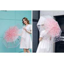 1 Pc Umbrella, Folding Cute Goddess Style, Korean Kawaii Minimalist Sakura Floral Print Transparent Umbrella