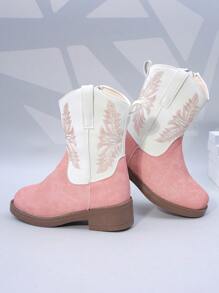 Botas altas para niños, zapatos de niña con botas de tubo alto hasta la pantorrilla, botas occidentales con bordados y tacón alto, diseño de color parchwork con puntera cuadrada y cremallera lateral