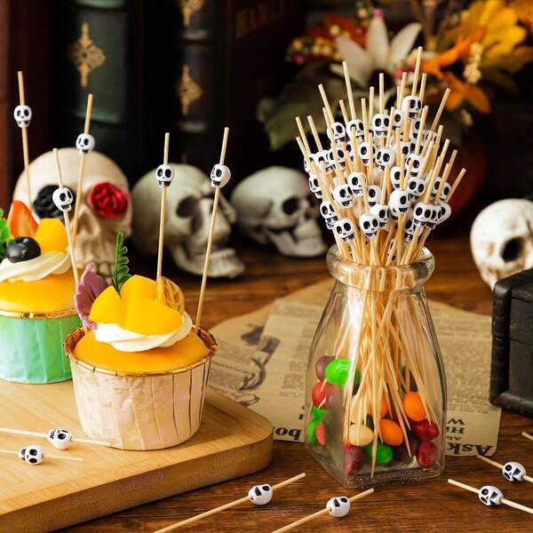 200 piezas/100 piezas/80 piezas/50 piezas/40 piezas/25 piezas/20 piezas/5 piezas Pinchos de bambú con forma de calavera blanca, palillos decorativos, decoración de mesa, pinchos para barbacoa, Honbay Pinchos de fruta con calavera, pinchos de fruta para fiestas, decoraciones, regalos, adecuados para fruta, comida, complementos de hamburguesa, pasteles, sándwiches, agitadores de bebidas, aplicables para bodas, cumpleaños, fiestas