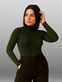 Cacharrel Women's Long Sleeve High Neck Suplex Blouse | Minimalist Second Skin Winter - xanh quân đội - Xem 2