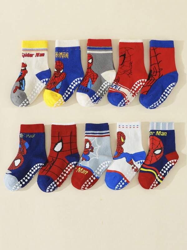 10 Pairs Spider-Man Design Anti-Slip Grip Student Sport Crew Socks For Kids