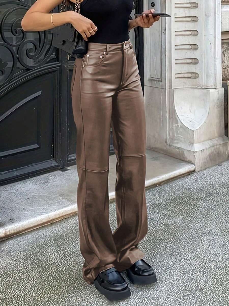 MYOURSA Solid High Waist Faux Straight Leg PU Leather Pants