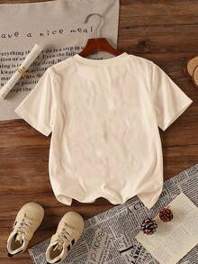 Tween Girls' Casual Minimalist Cartoon Bear Graphic Slogan Print Crew Neck Short Sleeve T-Shirt, Spring/Summer New Arrival - Apricot - View 4