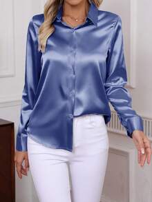Elegant Turn-Down Collar Button-Down Long Sleeve Solid Color Faux Silk Crepe Casual Workwear Blouse For Women - Blue - View 1