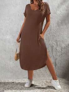 Women's Solid Color Pocket Split Hem Casual T-Shirt Dress For Date Night - Coffee Brown - View 3