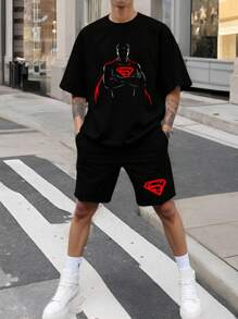 Warner Bros 2pcs Men's Casual Super Hero Cape Graphic Tee & Shorts Set, Summer