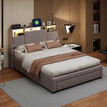 HOKZYHOUSE Cama tapizada 160x200 cm con cinturón ligero y 2 cajones, cama doble, cama juvenil, estructura de cama funcional, cabecero abatible, lino, sin colchón, gris - Gris - Ver 6