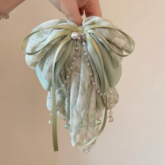 1pc Women Fanciful Chiffon Bow Hair Clip (Random Pearl Quantity), Rustic Style Hair Clip Headpiece Fashion Hair Accessories Beauty Claw Clips Casual Hair Claw Fall Winter For Vacation Outfits Woman