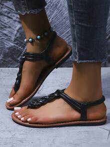 Sandales plates pour femmes en cuir PU avec brides croisées, semelle intérieure épaisse tressée à la main, souples et confortables, couleur unie, style bohème décontracté avant-garde, élégantes pour les vacances, la plage et l'été - Noir - Voir 6