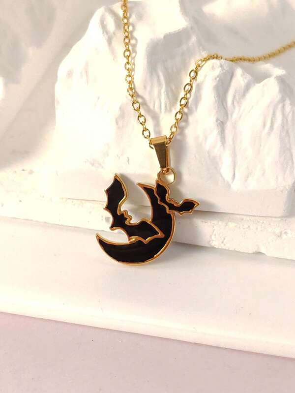 1 pièce Collier pendentif noir gothique chauve-souris et lune, collier chauve-souris lune gothique d'Halloween - Bijou pendentif de style gothique horreur, cadeau
