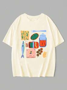 Camiseta holgada estampada con graffiti de frutas, tomates, de escote caído, pintada a mano, adecuada para el verano - Albaricoque - Ver 2