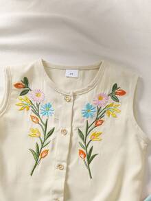 2pcs/Set Fashionable Young Girl Embroidered Sleeveless Top + Striped Pants Sets - Apricot - View 2