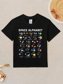Space Letters ABC A-Z Children's T-Shirt - Educational Solar System And Planet Pattern Short Sleeved Round Neck Top, Suitable For Both Boys And Girls, Soft And Elastic Casual Style, Machine Washable Astronomical Themed Learning Clothing, Children's Educational Clothing, Fun Design, Comfortable Fit - Black - View 2