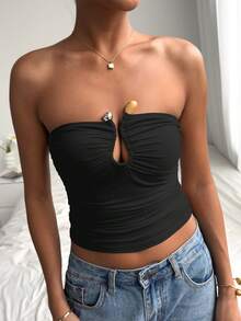 Mystra Summer Solid Color Wrap Chest Backless Ruched U-Shaped Buckle Water Drop Hollow Design Sexy Elegant Fitted Tube Top