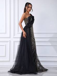 DELLA COUTURE Elegant Luxury Black Evening Gown One-Shoulder Opulent Beaded Mesh Sequin Mermaid Formal Party Dress Vintage Sophisticated Party Romantic Sexy Heavy-Work Organza Sequin Patchwork Formal Dinner Gown Long Evening Gown - Black - View 6