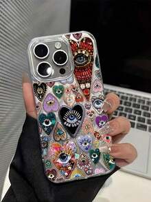 Heart 1pc 2D Feather & Rhinestone Eye Pattern TPU Shockproof Phone Case, Compatible With Apple17 16, 15, 14, 13, 12, 11 Pro Max Waterproof Anti-Fall Scratch Resistant - 款式2(1pc) - 查看 3