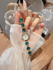 1pc Ladies' Colored Rhinestone Strap Watch, Women Fashion Elegant Gold Color Bracelet Watch Style, Daily Use