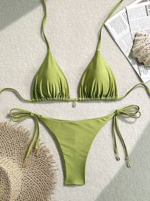 加大码吊带侧丁字裤比基尼套装，采用中等弹力面料，性感休闲加大码泳衣 - 橄欖綠 - 查看 8