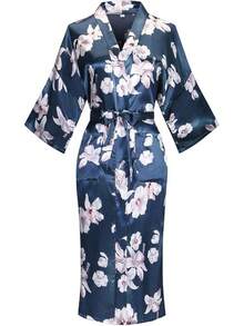DandyChic Women's Long Floral Satin Robes Imitation Silk Sleepwear Bridal Dressing Gown For Bridesmaid Nightgownhalloween - 百合 - 查看 1