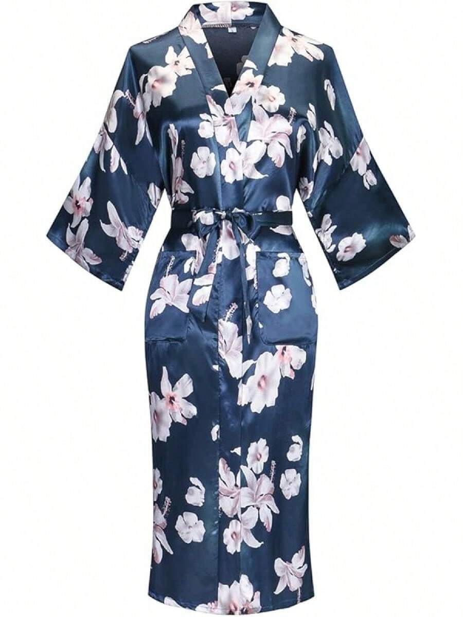 DandyChic Women's Long Floral Satin Robes Imitation Silk Sleepwear Bridal Dressing Gown For Bridesmaid Nightgownhalloween - 百合 - 查看 1