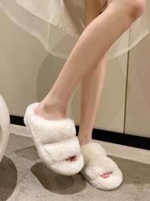 Platform Fluffy Open Toe Slip-On Slippers For Women, Antiskid & Versatile, 2024 Autumn/Winter New Arrivals, House Slippers