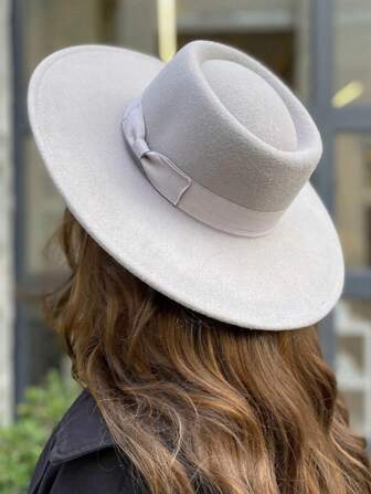 1 件时尚平顶毡帽，新款英伦风格优雅圆带 8.5 厘米宽帽檐帽子，适合日常佩戴和购物高顶礼帽