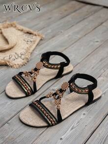 WRCVS 女士黑色平底凉鞋，夏季一脚蹬轻便休闲编织串珠复古波西米亚风度假户外凉鞋