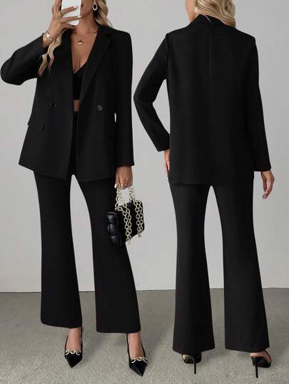 Wine Red Elegant Double-Breasted Padded Shoulder Straight Leg Flared Pants Ladies 2 Pieces Suit For Autumn