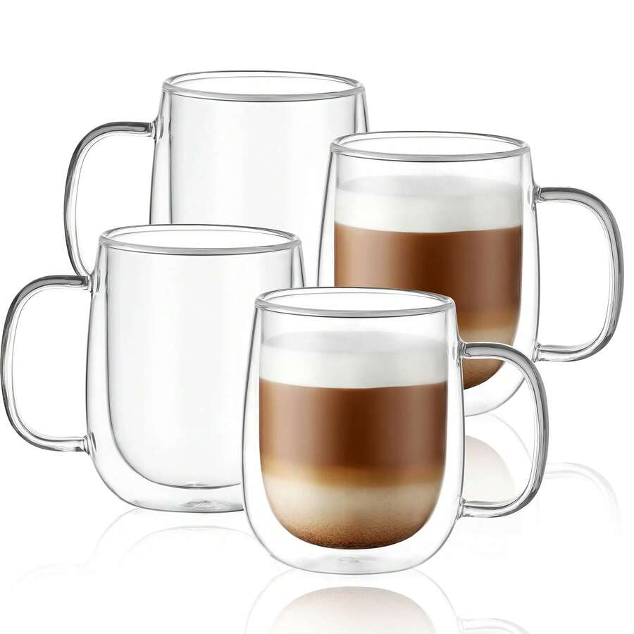 4-Pack 12oz Double Walled Glass Coffee Cups With Handle, Insulated Tumbler For Latte, Cappuccino & Tea, Clear Borosilicate Glass Cups For Home Office - 透明 - 查看 1