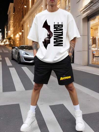 Warner Bros 2pcs/Set Men's Batman Cartoon Graphic Casual Short Sleeve T-Shirt And Shorts