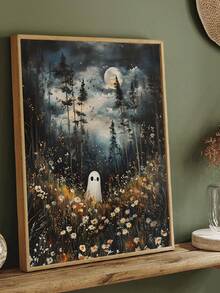 1 件异想天开的万圣节墙画，魔法森林里的幽灵，野花草地帆布海报，魔法森林里的幽灵和黑猫墙画，迷人的恐怖秋季黑暗学院风印刷画，卧室装饰，客厅装饰，办公室装饰 - 彩色 - 查看 19