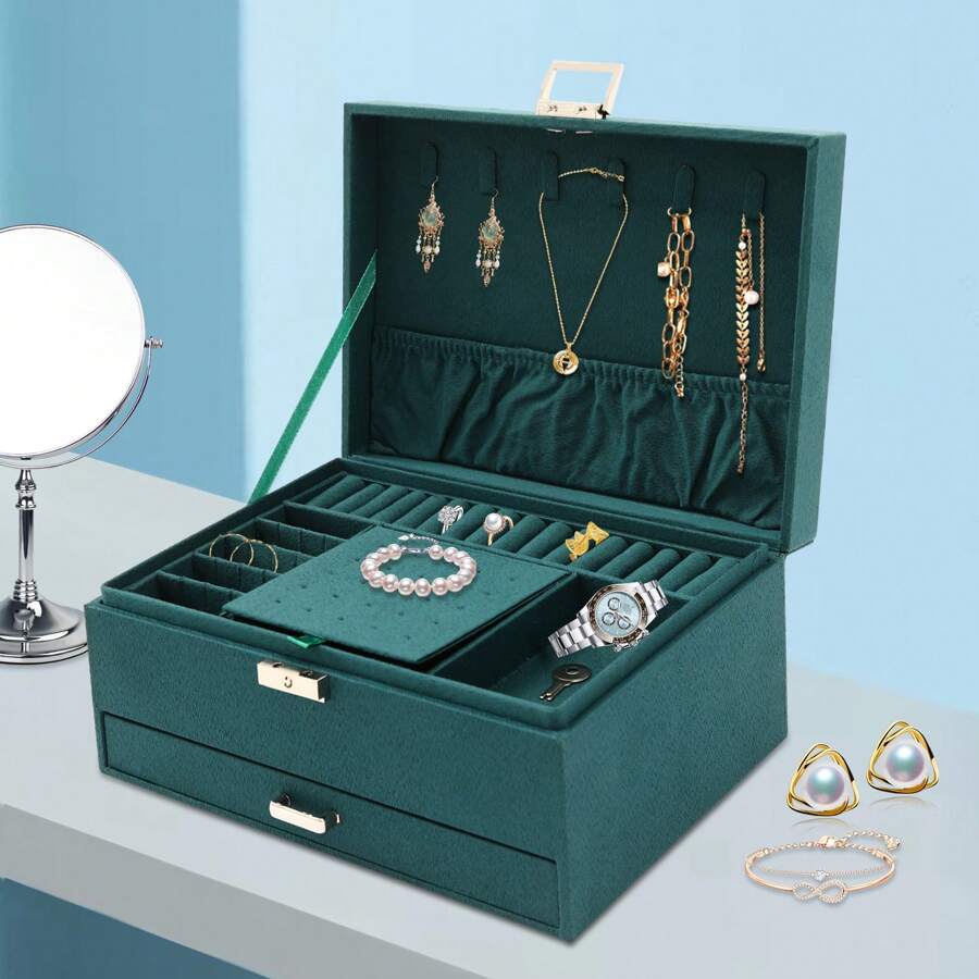 Jewelry Box, 3 Drawer Jewelry Storage Box, Dark Green Jewelry Organizer With 6 Hooks, 24*17*11 Cm Jewelry Box - 墨綠色 - 查看 1