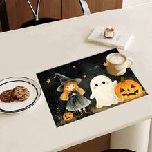 4pcs Halloween Ghost Print Placemats Set, Woven Polyester Rectangular Table Mats, Hand Wash Only, Kitchen & Home Decor, Indoor & Outdoor Dining Decoration - Multicolor - View 16