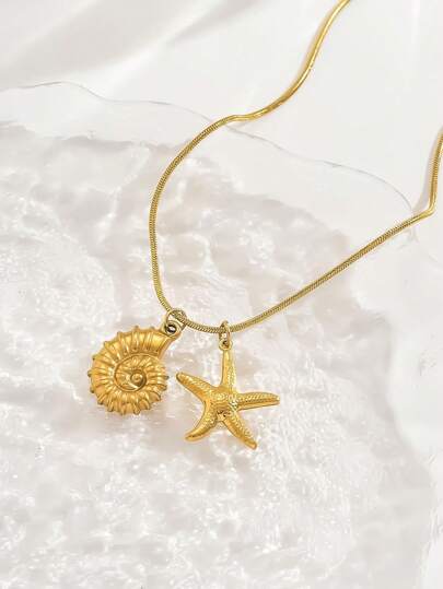1 pieza Collar con colgante minimalista de moda de acero inoxidable con concha y estrella de mar hueca, estilo océano adecuado para parejas para usar a diario de vacaciones